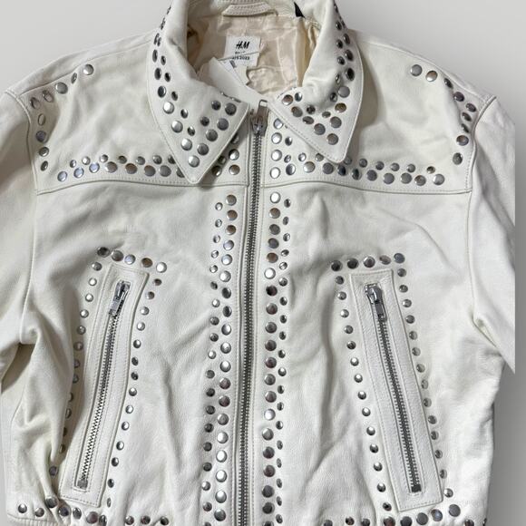 H&M STUDIO sz XL White Real Genuine Leather Studded Zip Biker Jacket 80s 90s - Picture 3 of 10